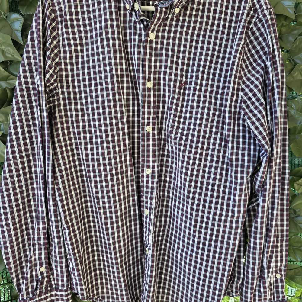 Nautica Burgundy and White Plaid Button-Down Shirt